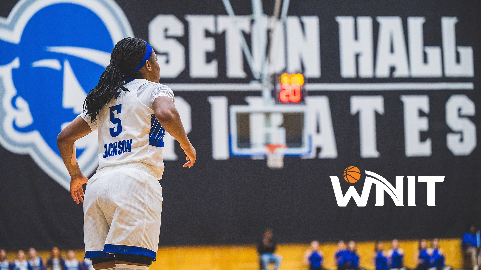 Seton Hall's Mya Jackson stands on the court during a home WNIT game.