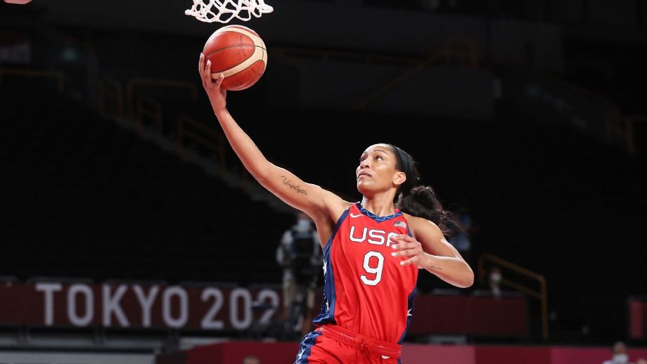 Team USA's A'ja Wilson tries to score a layup during an Olympics game.