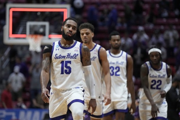 Members of the Seton Hall men's basketball team walk off the floor during a NCAA Tournament game vs. TCU.