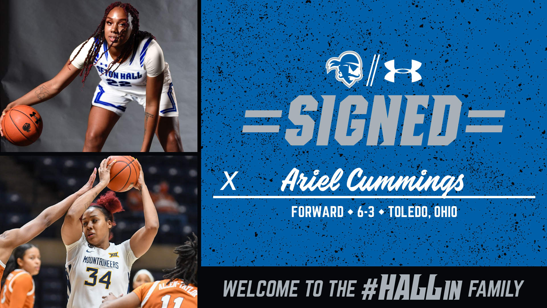 A graphic of Ariel Cummings is shown as she transfers from West Virginia to Seton Hall.