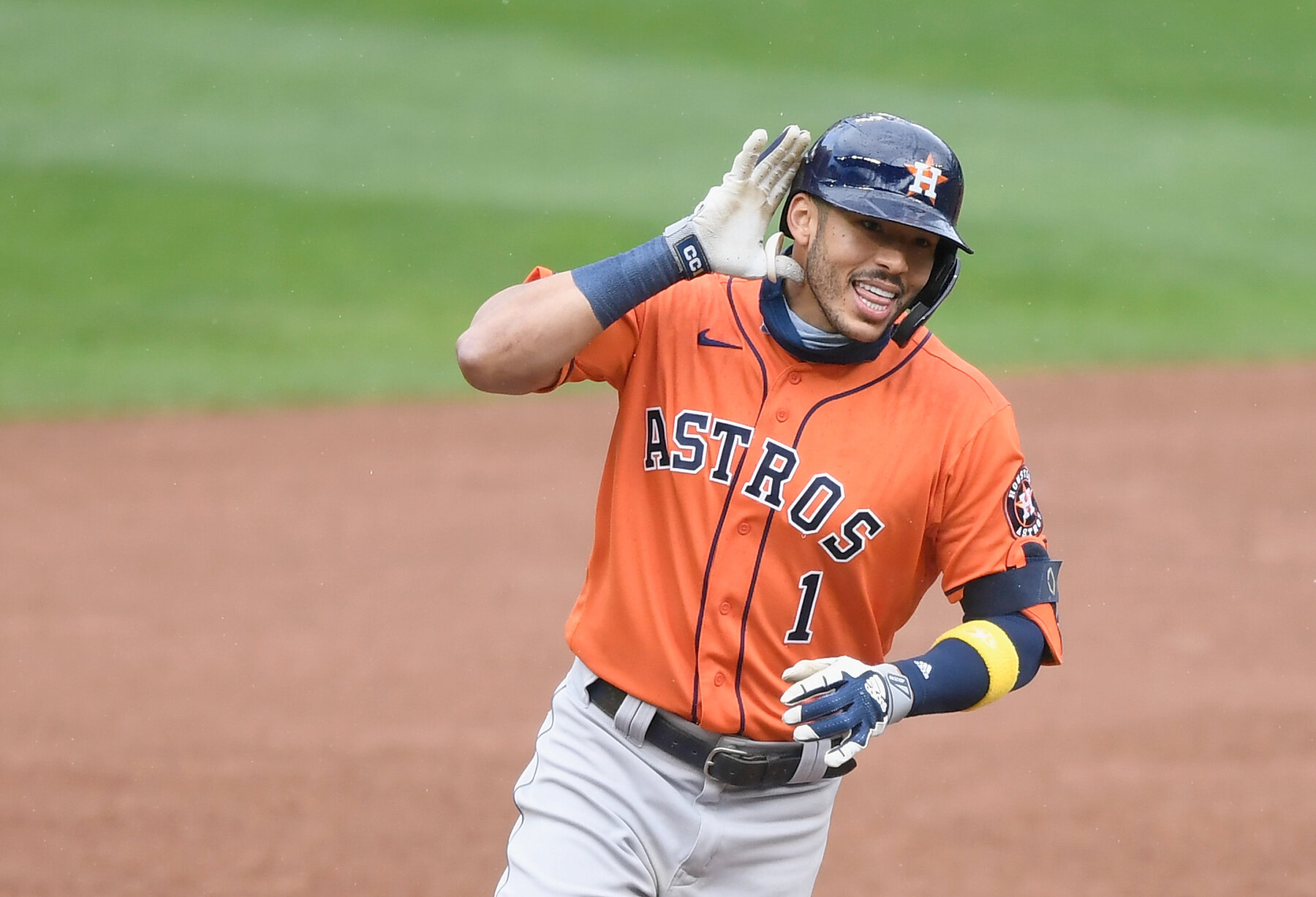 Houston's Carlos Correa interacts with the crowd during an Astros game.