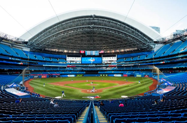 The Toronto Blue Jays' home stadium is shown from a behind home plate view.