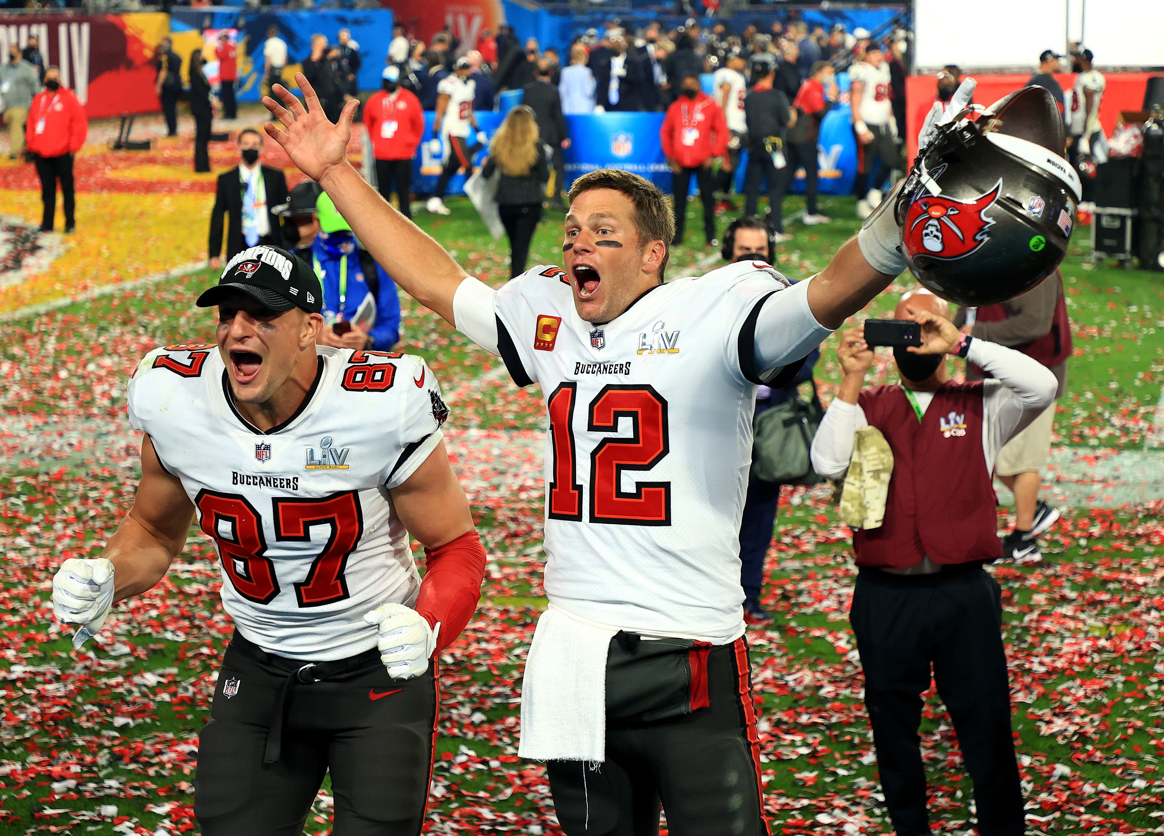 Tom Brady and Rob Gronkowski celebrate after winning the Super Bowl with Tampa Bay.