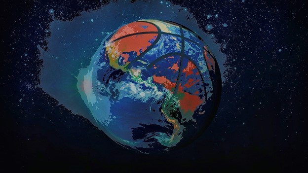 The Earth is represented as a basketball with different colors adding to the special effects.