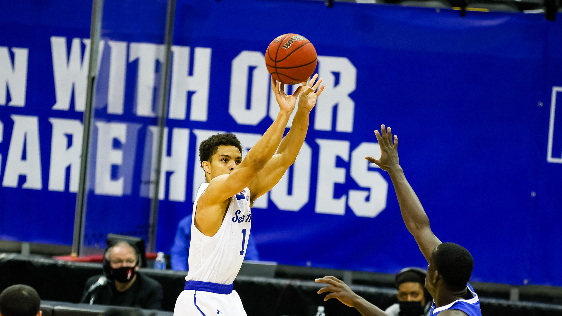 Bryce Aiken takes a jumpshot during a Seton Hall men's basketball game.