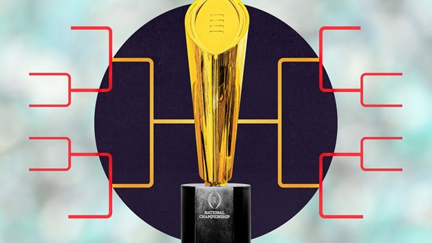The college football trophy is displayed in the middle of the College Football Playoff bracket.