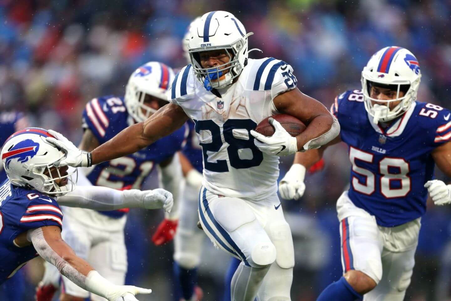 Indianapolis Colts running back Jonathan Taylor runs in a NFL game against the Buffalo Bills.