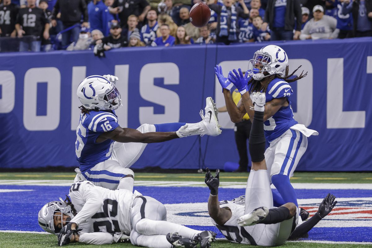 The Indianapolis Colts play against the Las Vegas Raiders in an NFL game.