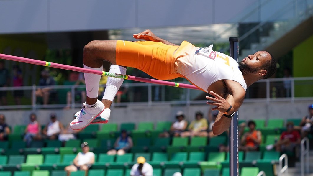 Darryl Sullivan jumps during the high jump event for his college.