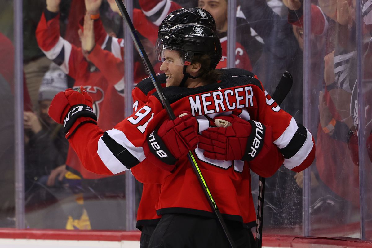 Dawson Mercer celebrates his game-winning goal vs the Kings.