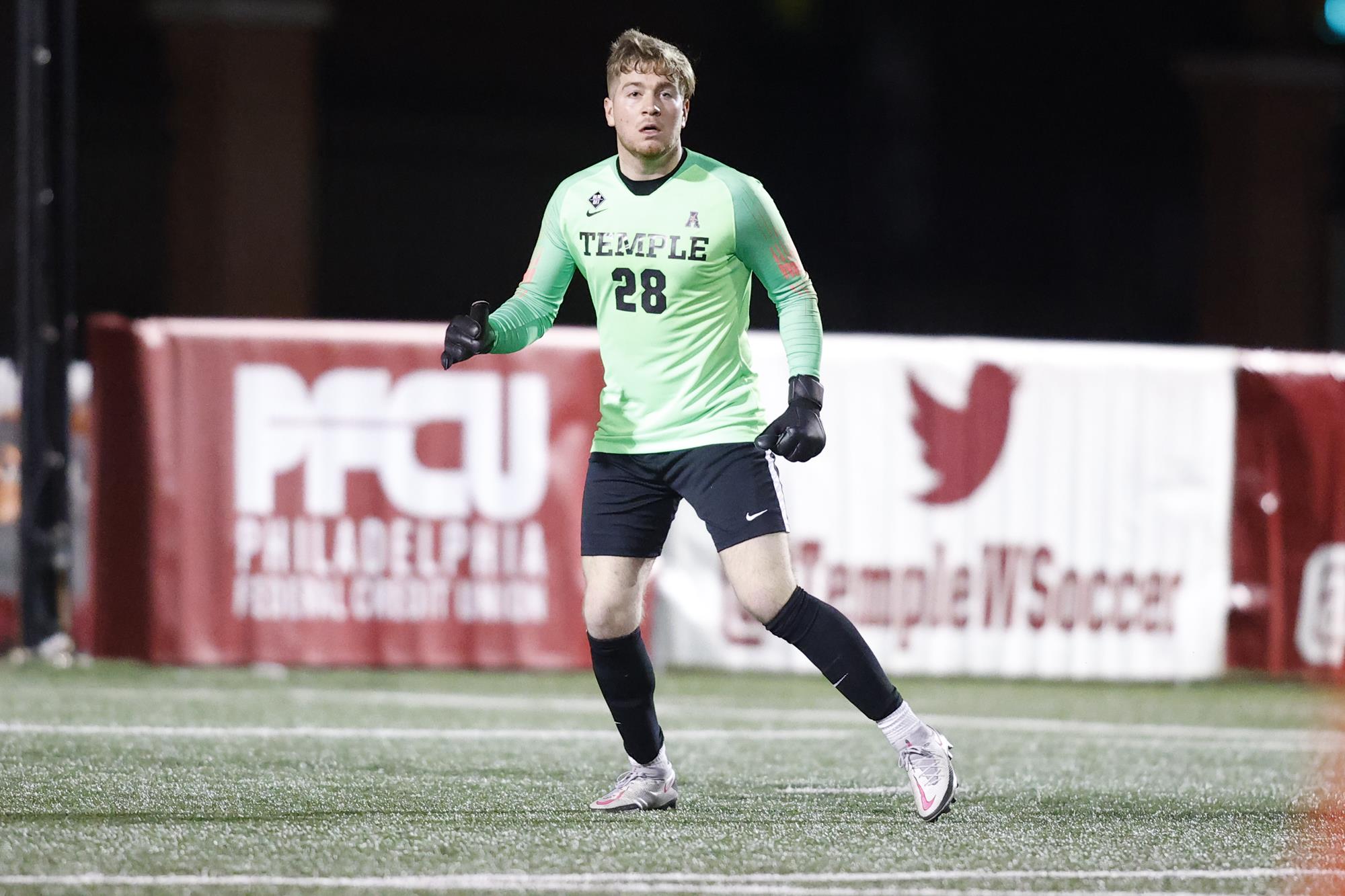 Temple's Eoin Gawronski stands on the field during a NCAA soccer game.