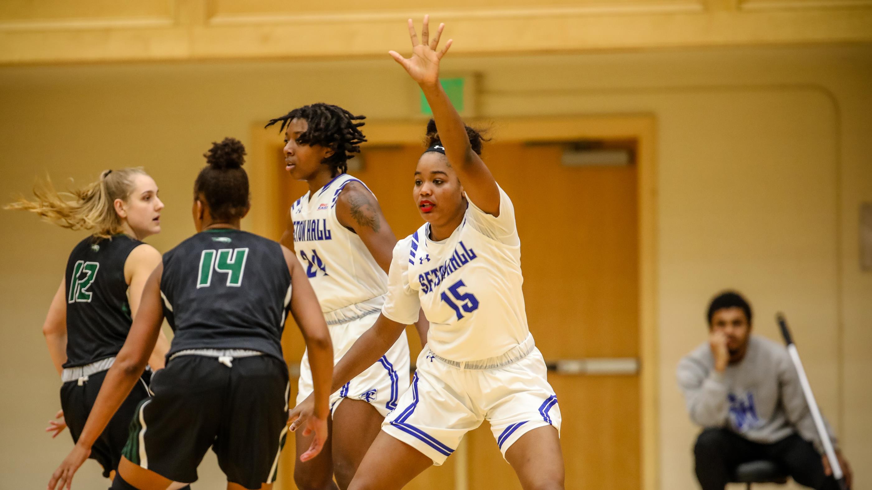 Seton Hall women's basketball's Femi Funeus plays defense during a game.