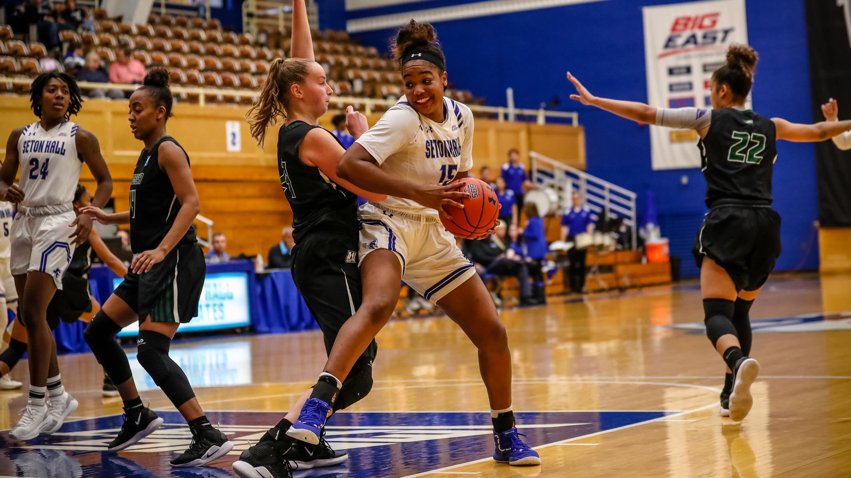 Seton Hall women's basketball's Femi Funeus tries to score inside the paint during a home game.