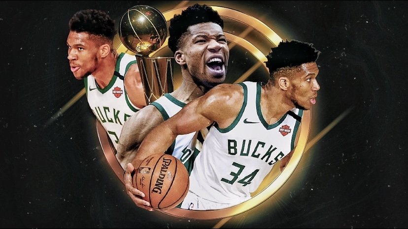 Giannis Antetokounmpo is shown in a graphic next to the NBA championship trophy.