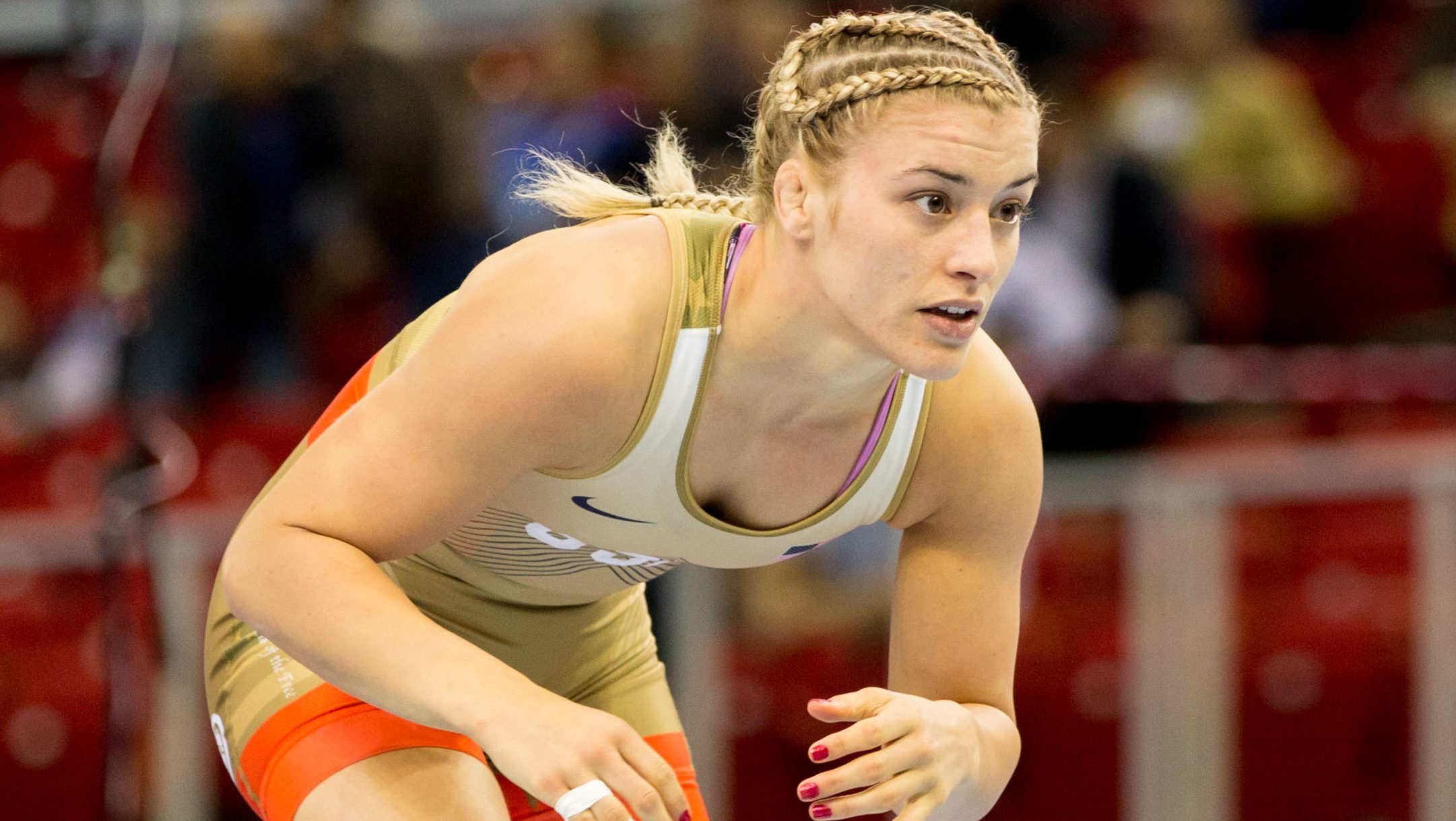 Helen Maroulis gets in position before a wrestling match.