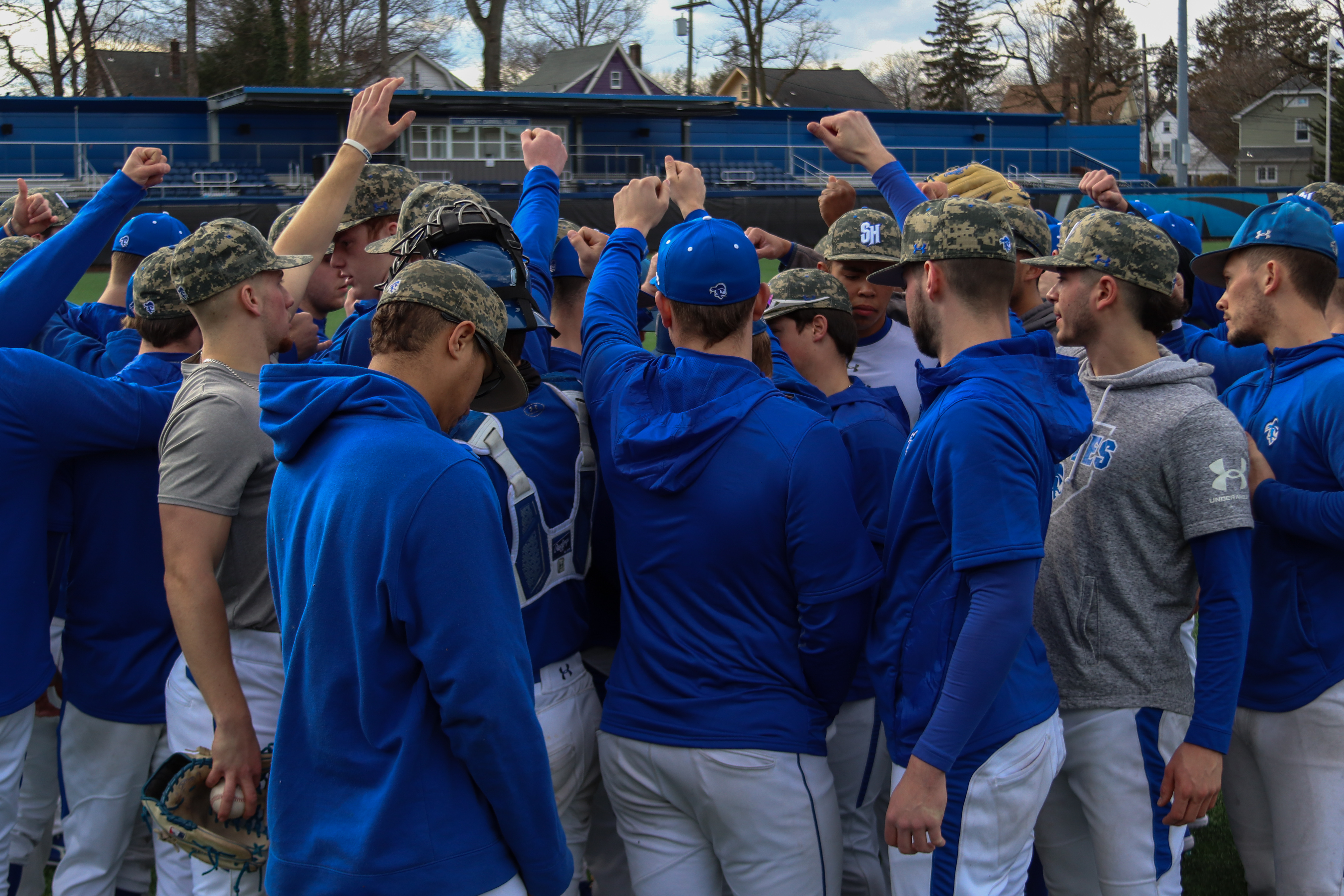 Seton Hall baseball huddling up.