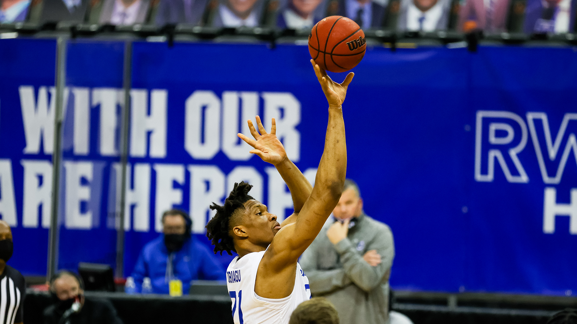 Ike Obiagu shoots a free throw during a Seton Hall men's basketball game.