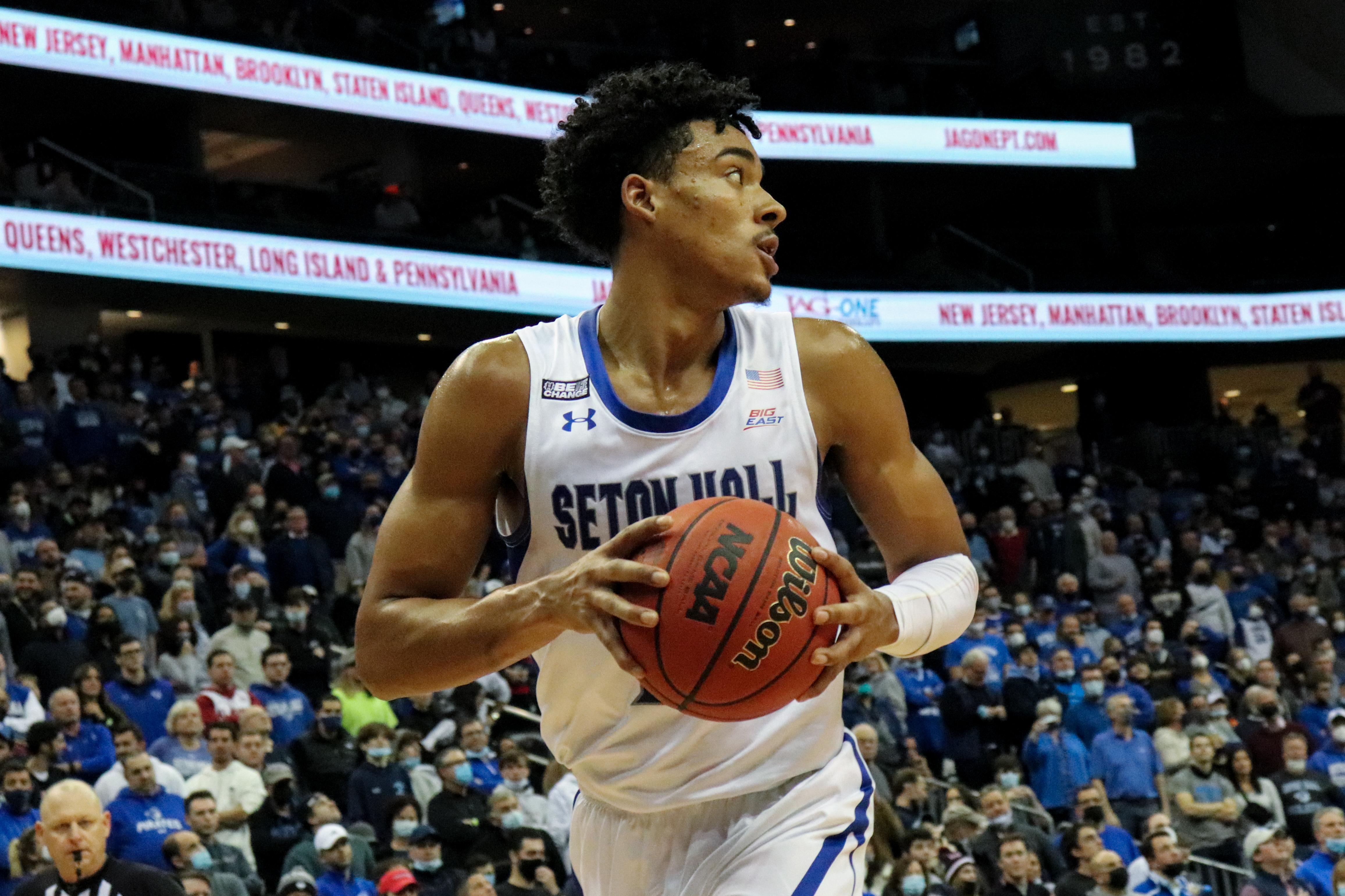 Seton Hall's Jared Rhoden holds the basketball during a home game vs. UConn.