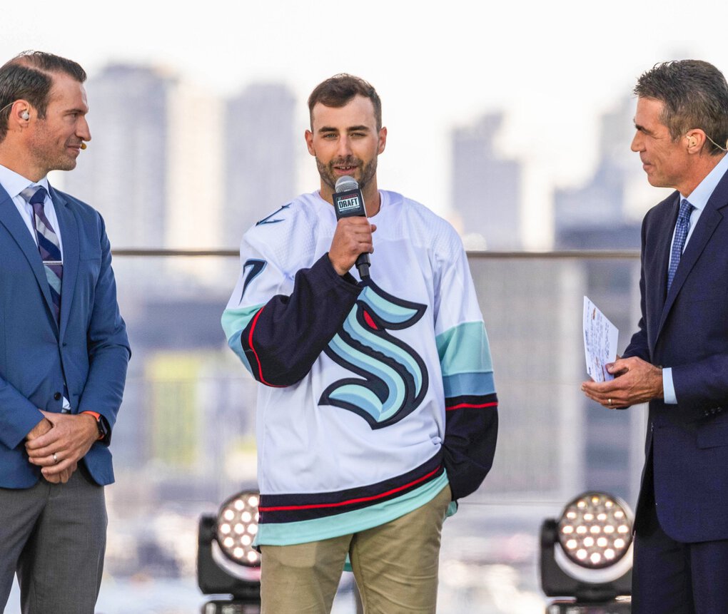 Jordan Eberle is interviewed after being selected by the Seattle Kraken in their expansion draft.