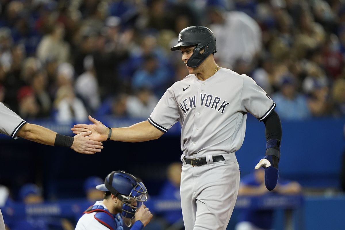 Aaron Judge gives a high-five during a MLB game.