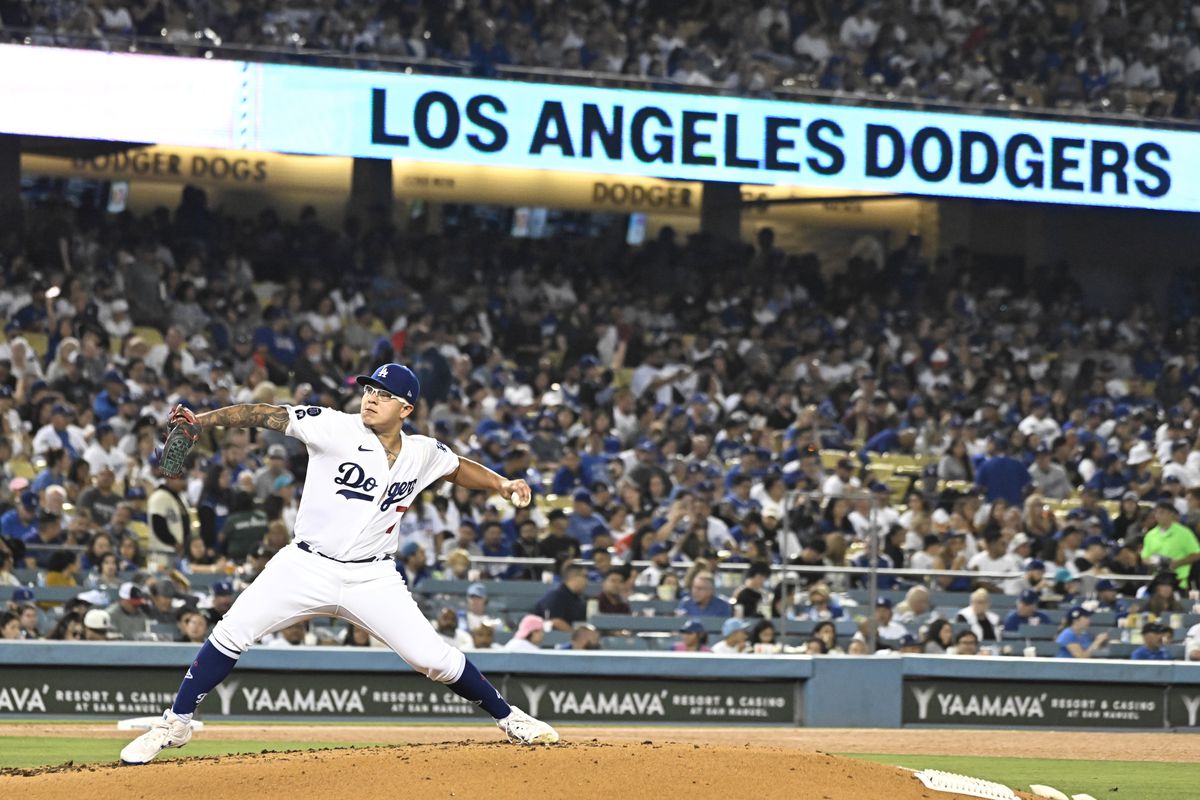 Julio Urias, the Game One pitcher for LA, winds up on the mound.