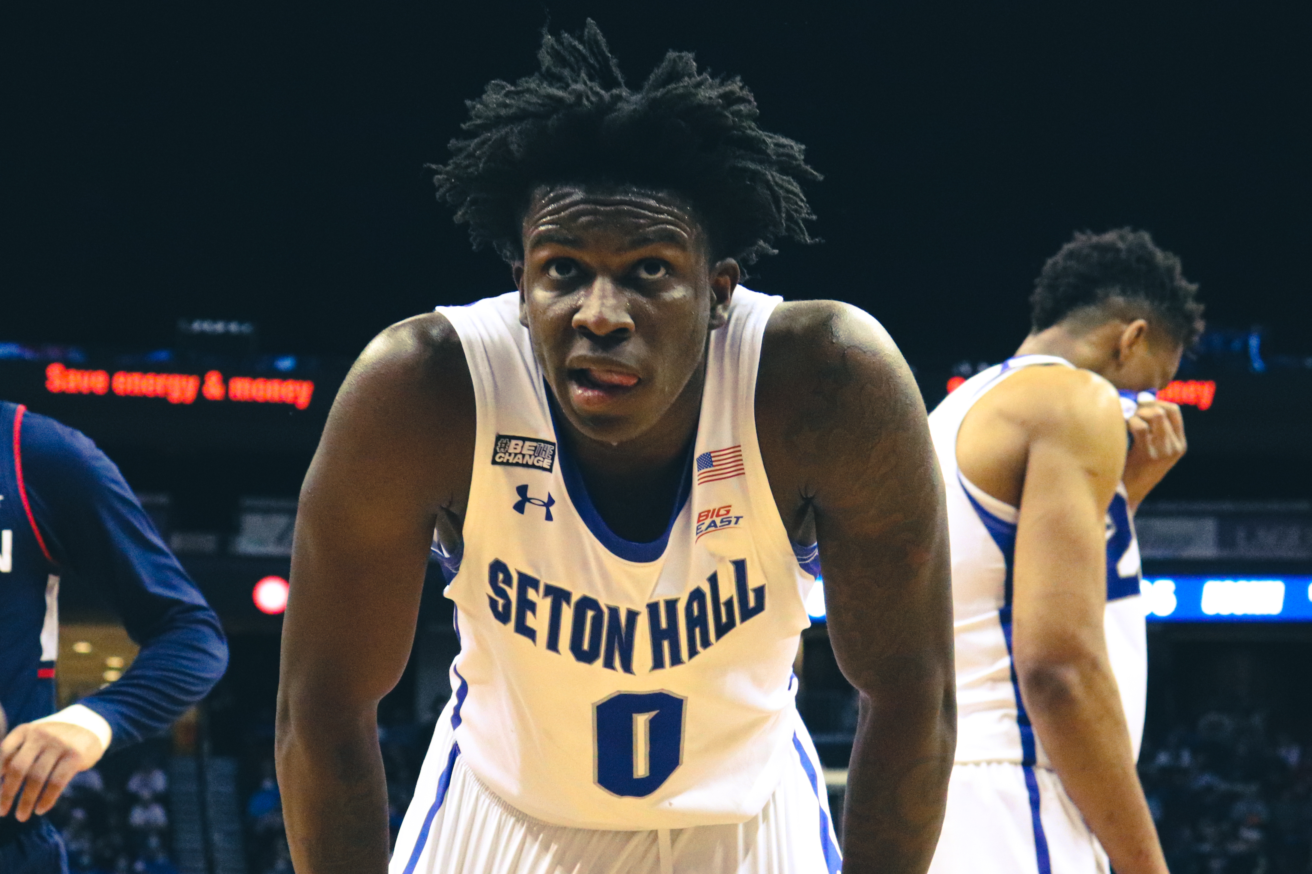 Seton Hall's Kadary Richmond looks at the scoreboard during a home game vs. the UConn Huskies.