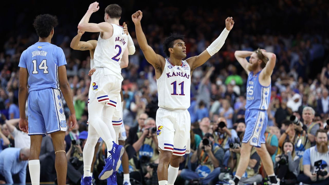 Kansas basketball celebrates a huge win in the NCAA Tournament Championship.