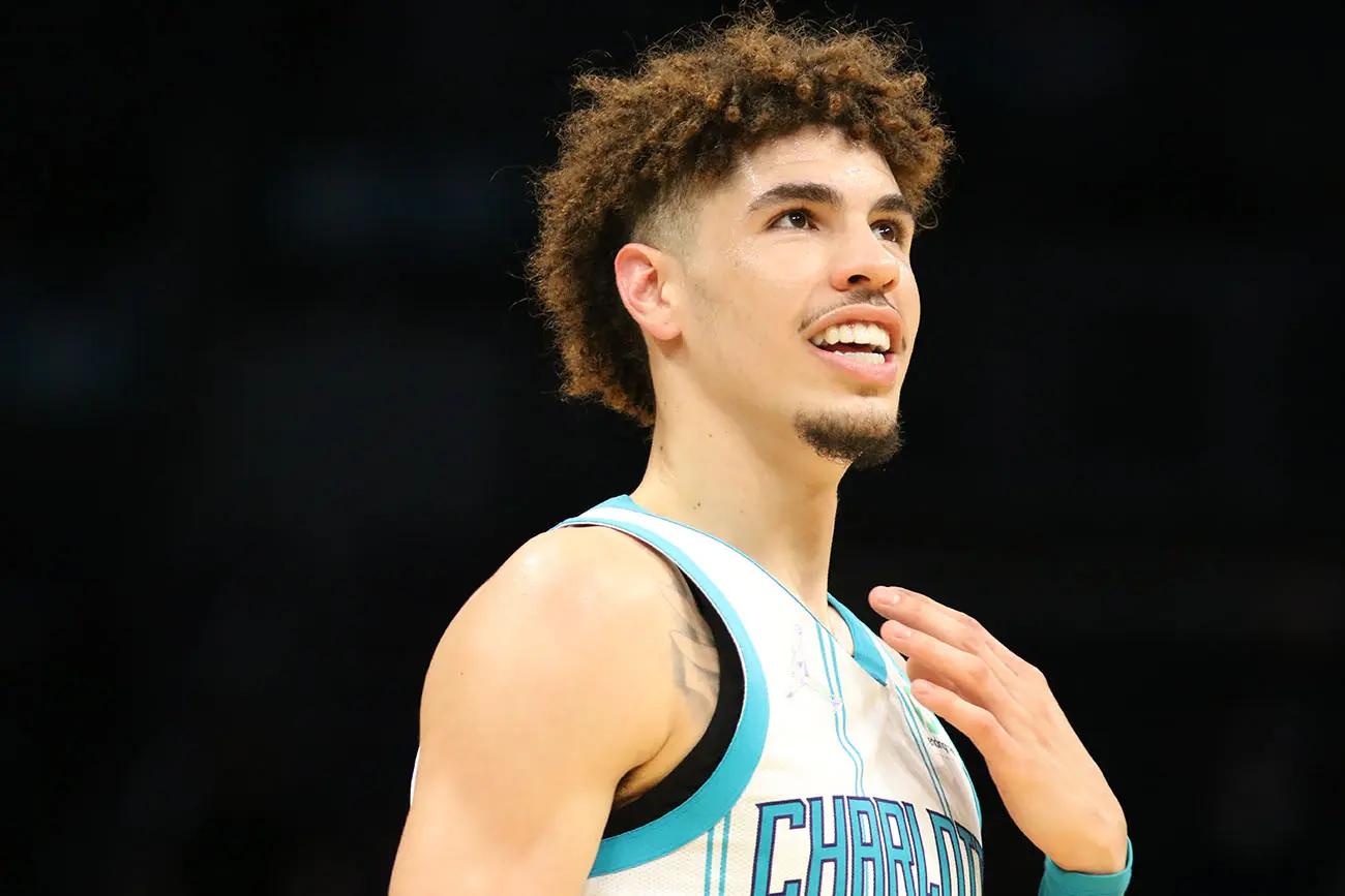 LaMelo Ball looks up during a Charlotte Hornets game.