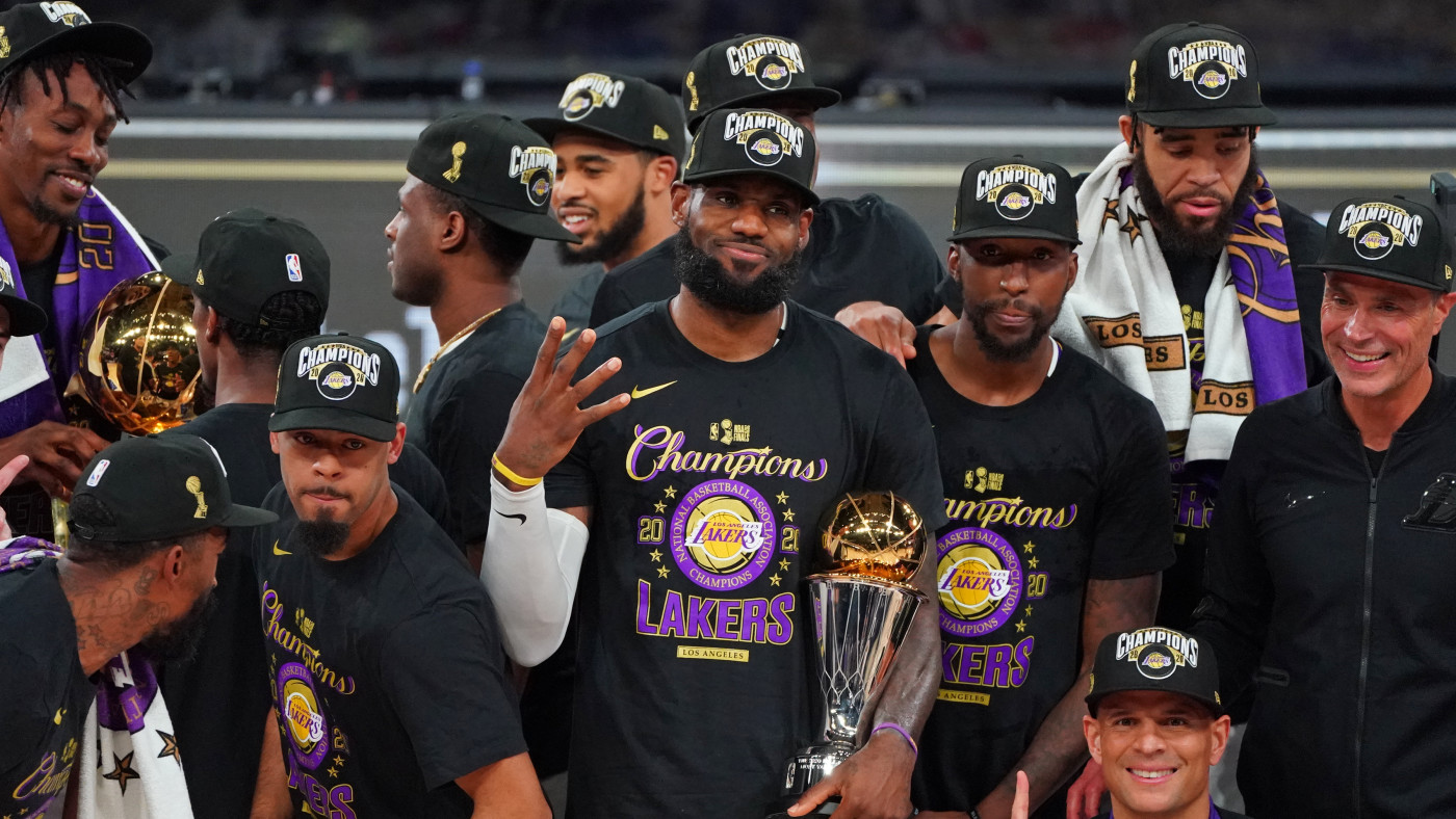 Lebron James and his Los Angeles Lakers teammates celebrate their NBA title in the Orlando Bubble.