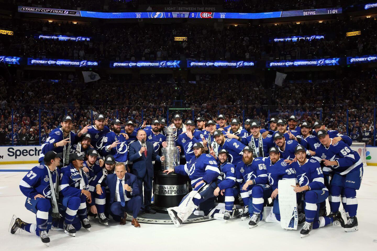 The Lightning pose for a photo after winning the Stanley Cup.