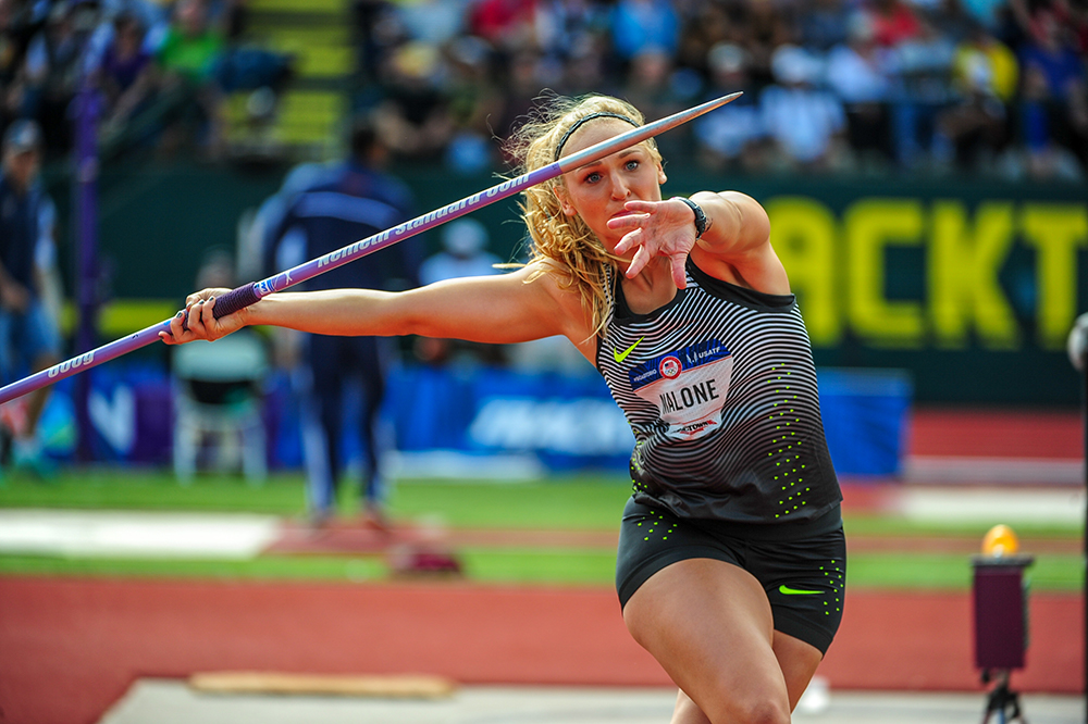 USA's Maggie Malone throws a javelin to try to win a gold medal.