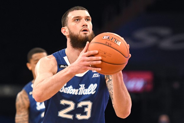 Sandro Mamukelashvili attempts a free throw during a Seton Hall basketball game.