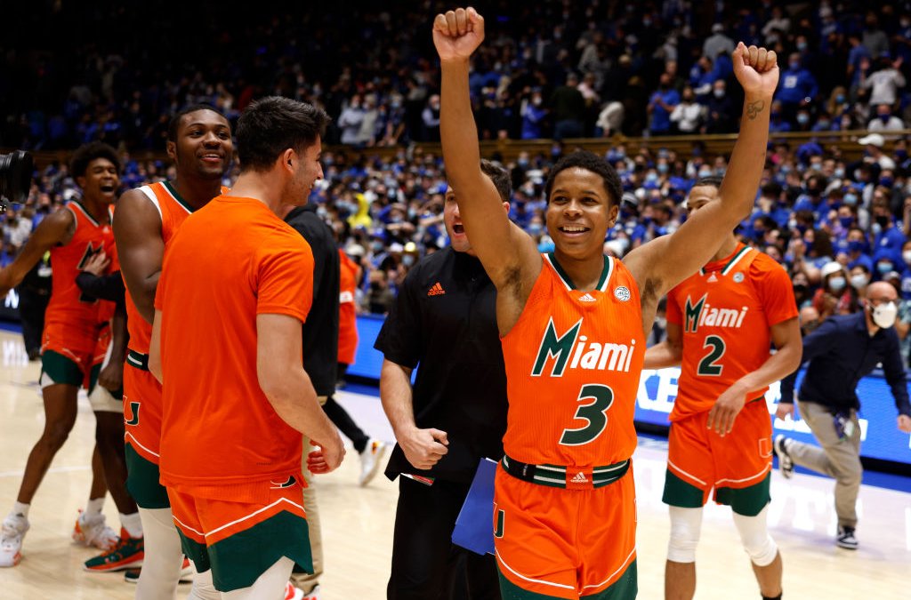 Miami men's basketball players celebrate after defeating Duke on the road.