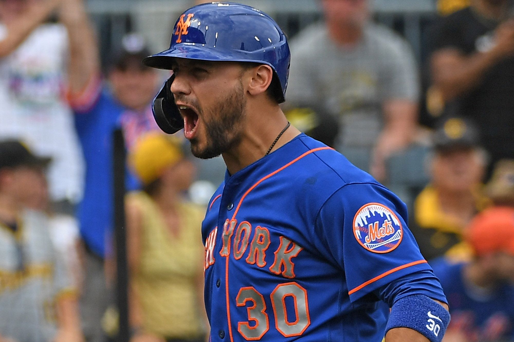 Michael Conforto celebrates during a New York Mets baseball game.