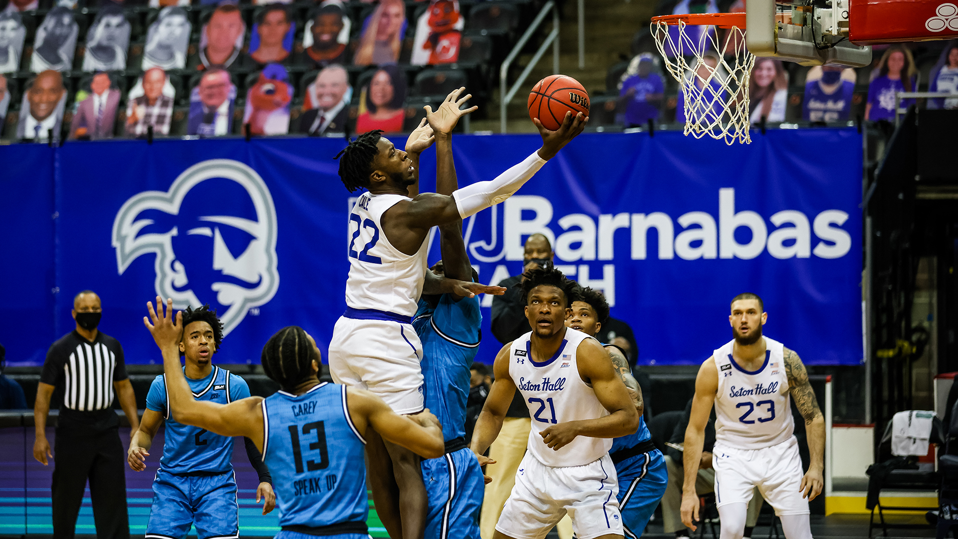 Myles Cale drives into the paint looking to score a layup during a Seton Hall basketball game.