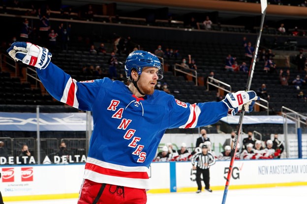 Pavel Buchnevich celebrates after a goal during a New York Rangers game.