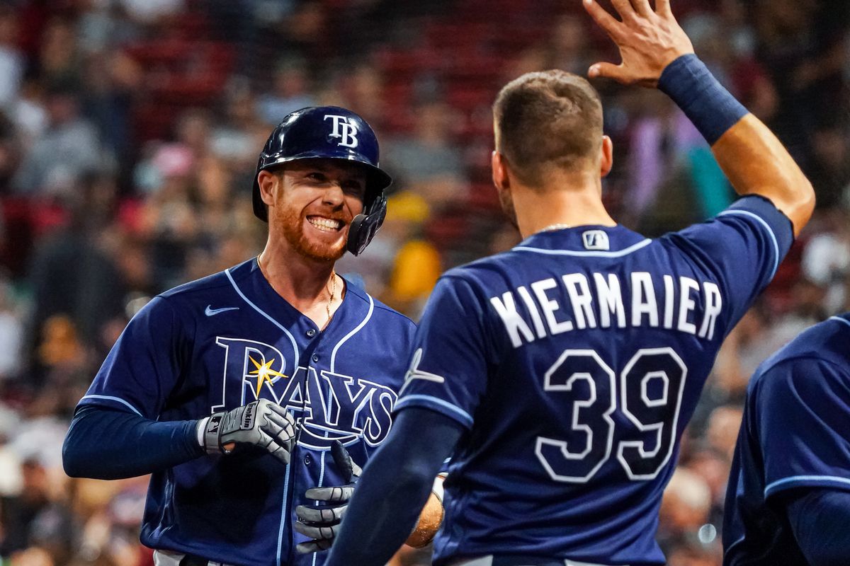 Two Tampa Bay Rays players celebrate during a MLB game.