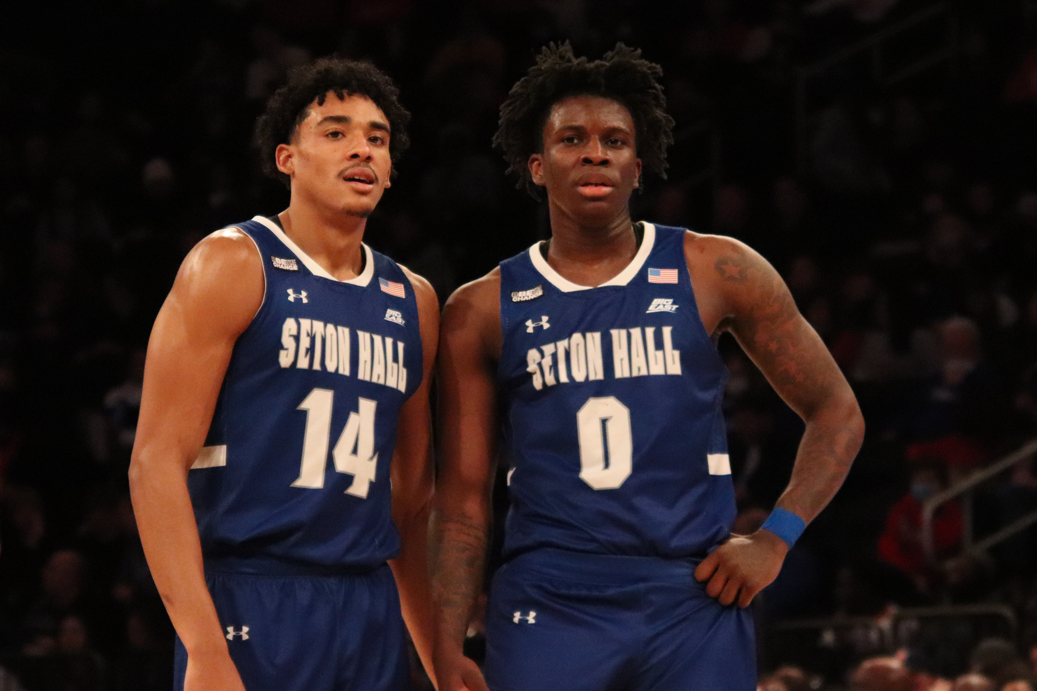 Seton Hall's Jared Rhoden and Kadary Richmond stand on the court during a road game at St. John's.