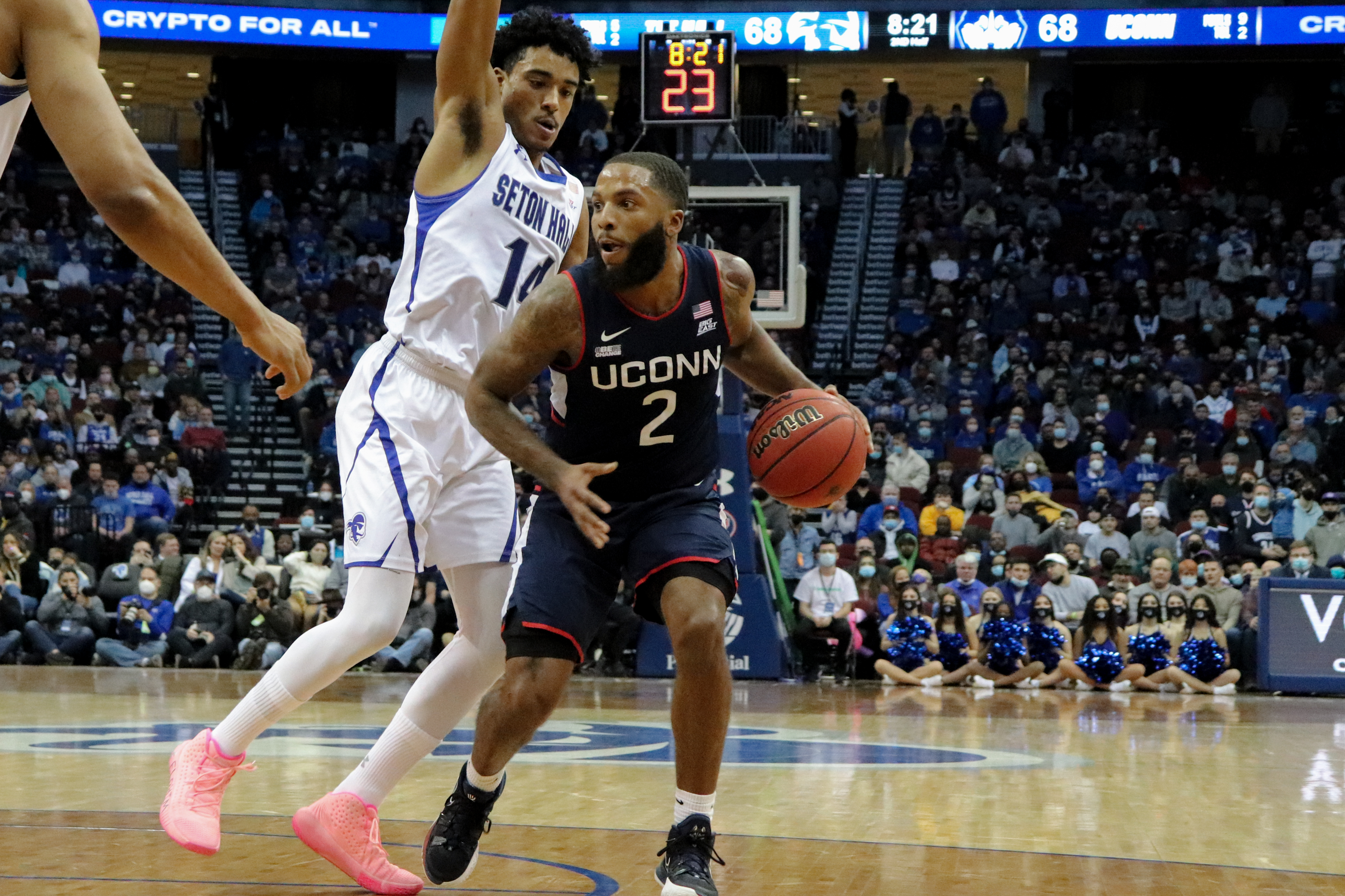 Seton Hall's Jared Rhoden guards UConn's R.J. Cole during a home game.