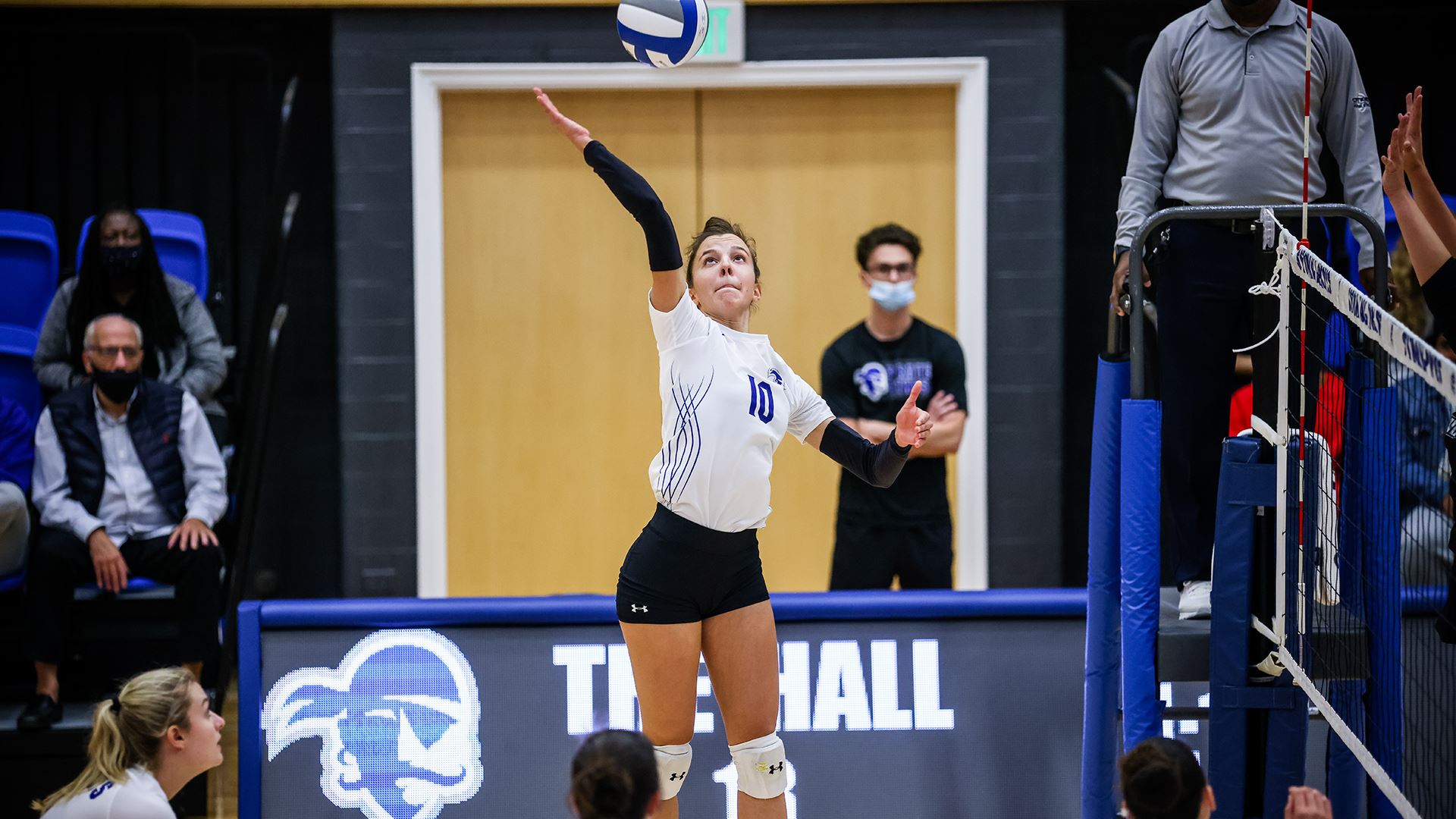 Ilieva spikes the ball during a Seton Hall women's volleyball match against Butler.