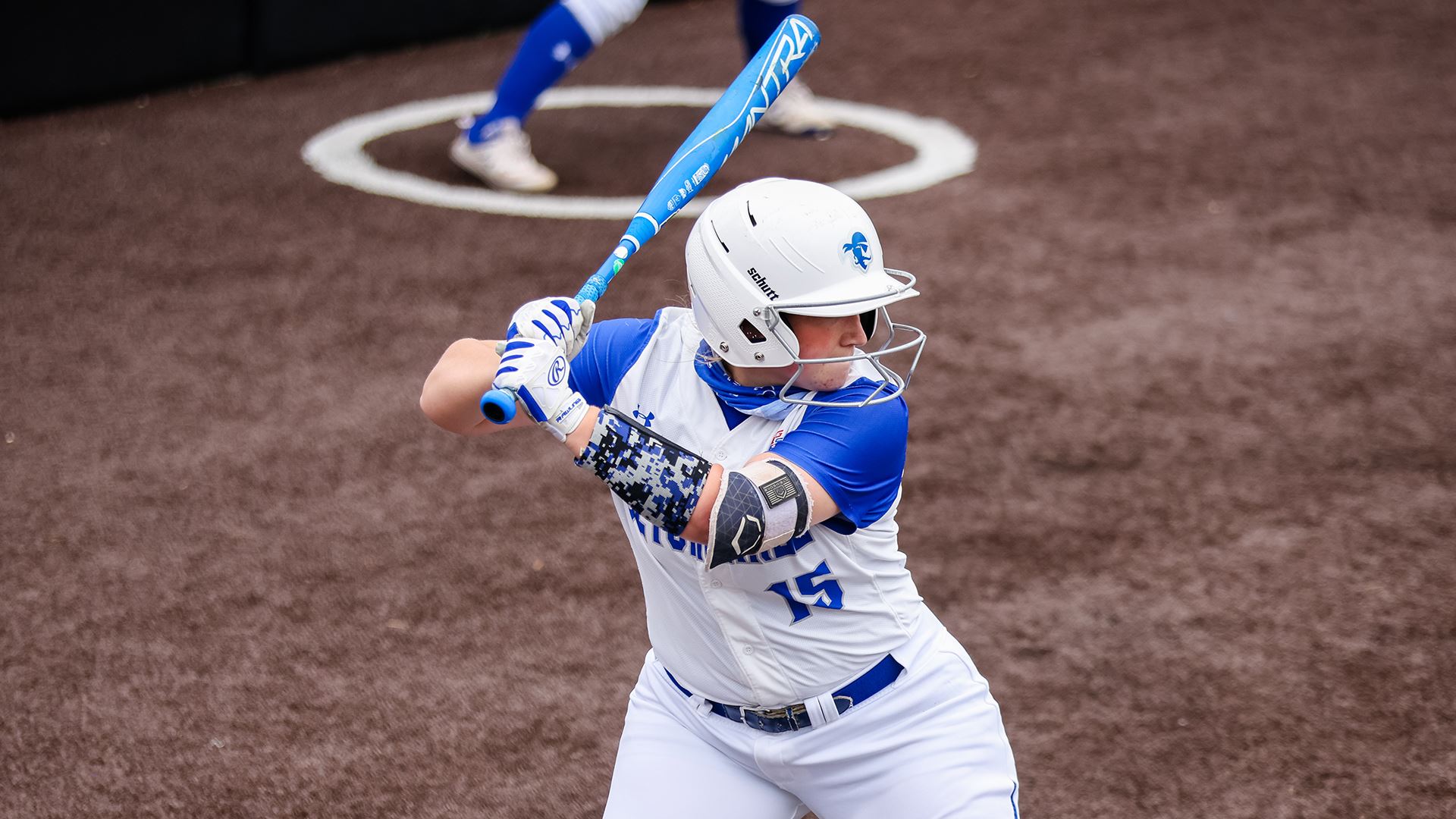 A Seton Hall softball player stands in the batter's box during a game.