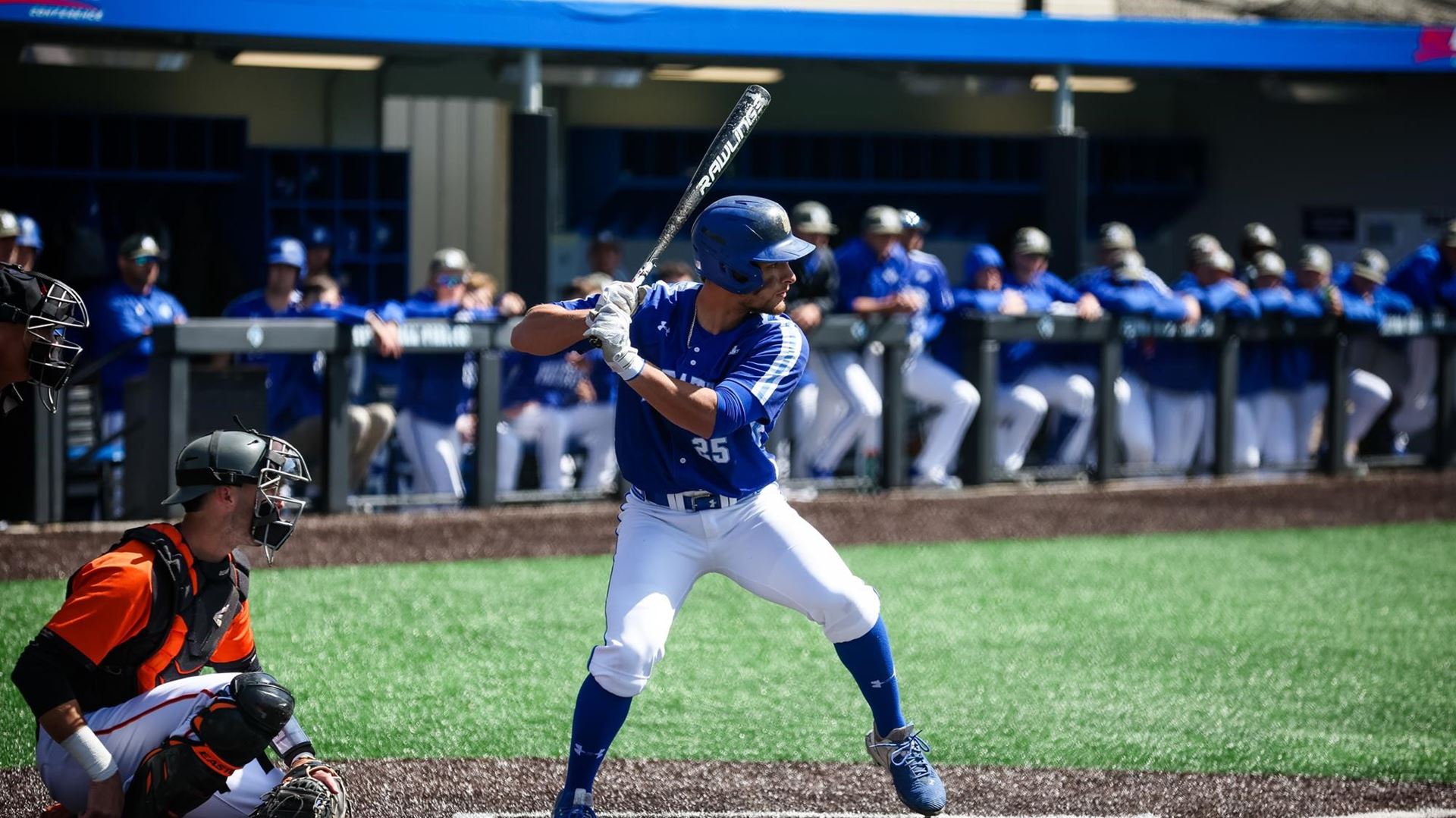 A Seton Hall batter stands at the plate during a home game.
