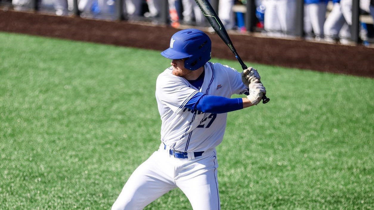 A Seton Hall men's baseball player stands in the batter's box during a game.