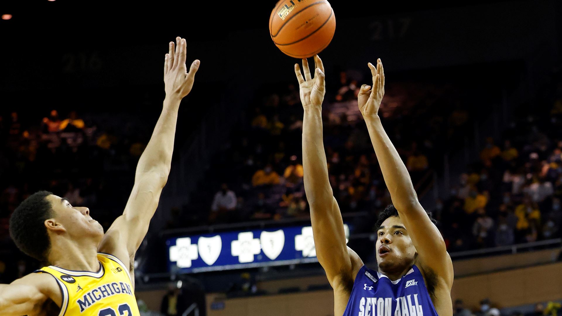 Seton Hall's Jared Rhoden takes a jumpshot during a game against No. 4 Michigan on the road.