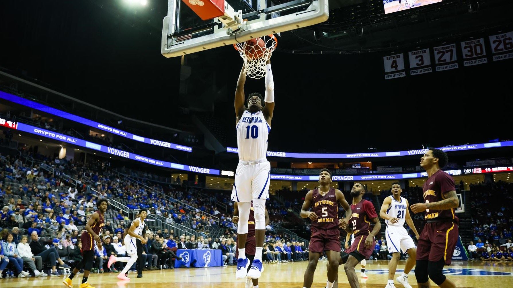 Seton Hall's Alexis Yetna attempts a dunk during a home game against Bethune-Cookman.