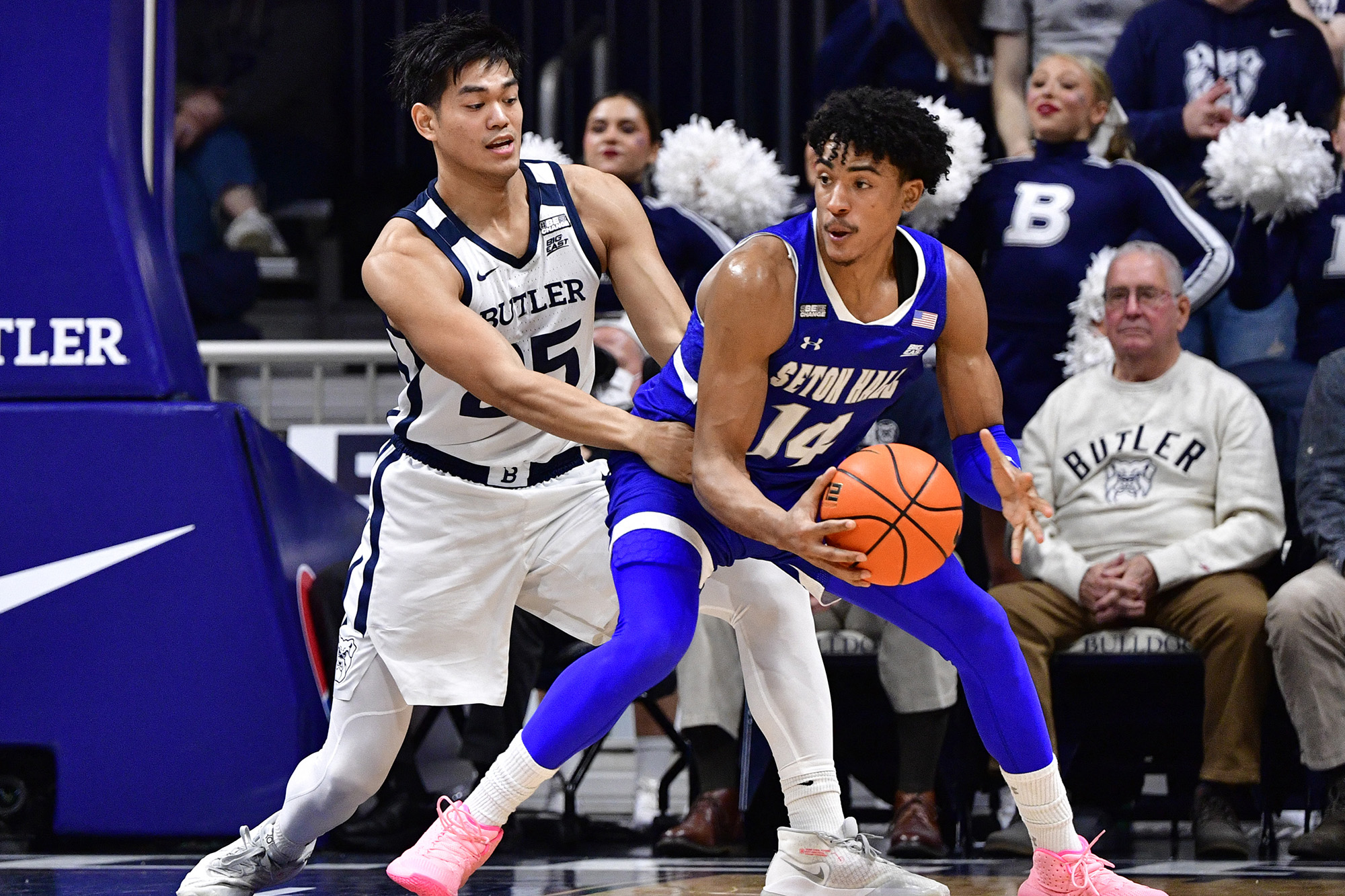 Seton Hall's Jared Rhoden catches the basketball in the post on offense during an away game vs. the Butler Bulldogs.