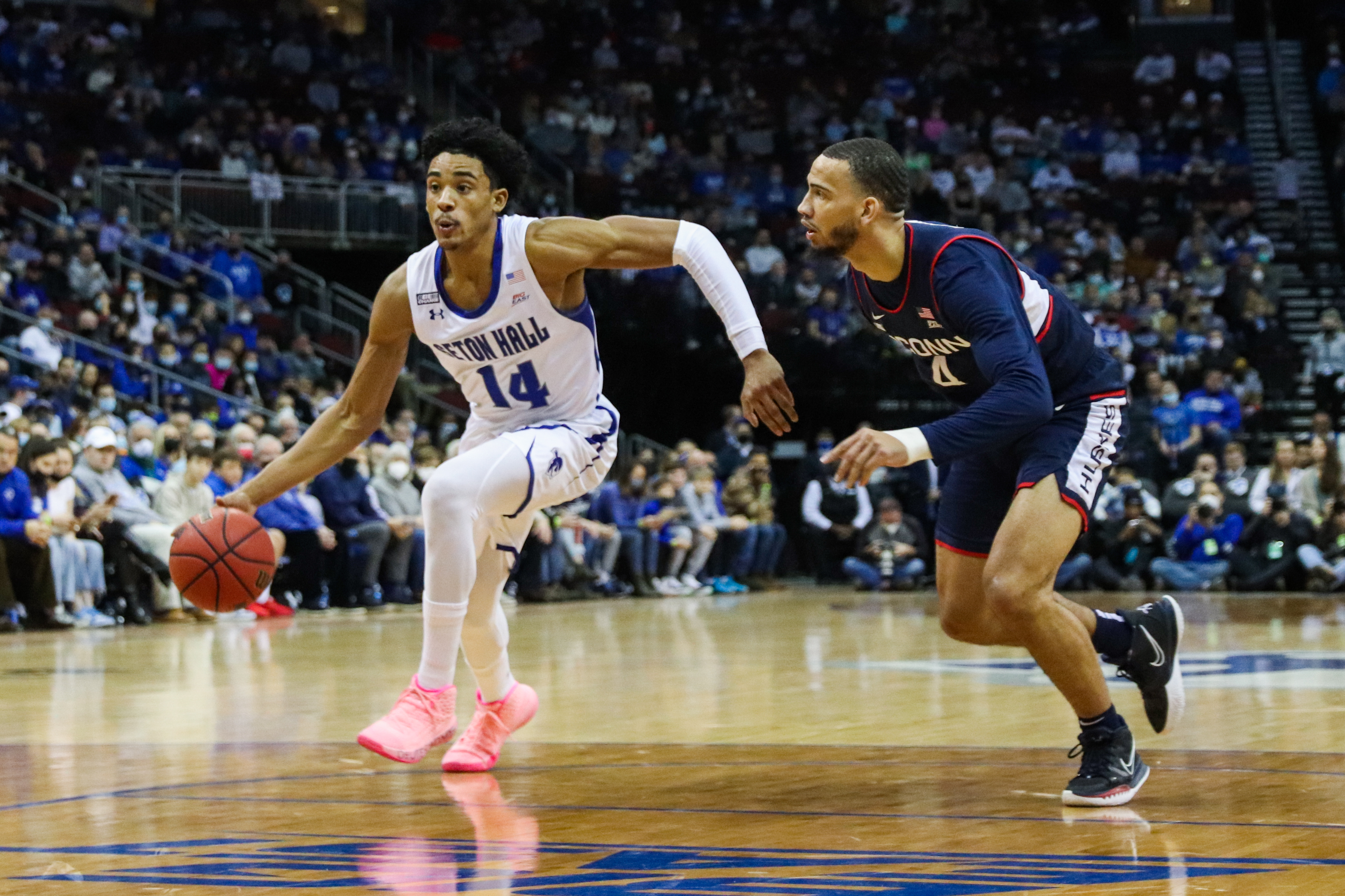 Seton Hall's Jared Rhoden drives to the basket vs. UConn during a home overtime victory.