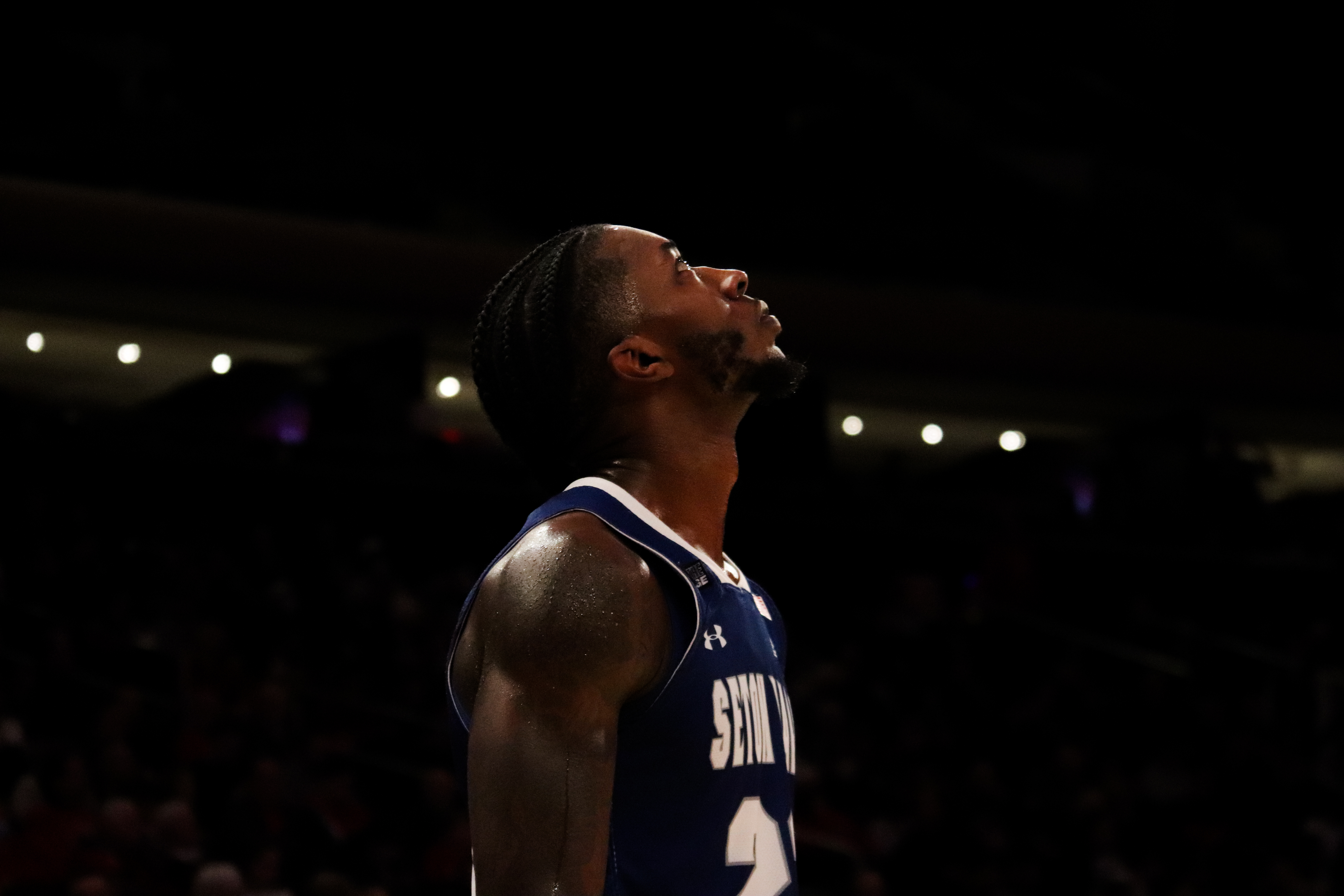 Seton Hall's Myles Cale looks at the scoreboard during an away game at Madison Square Garden vs. St. John's.