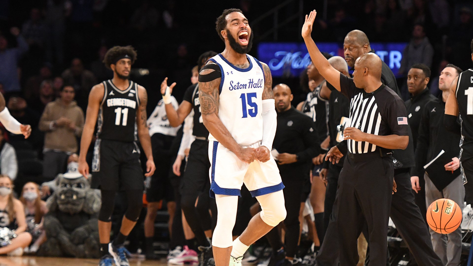 Seton Hall's Jamir Harris celebrates after hitting a three during a Big East Tournament game vs. Georgetown.