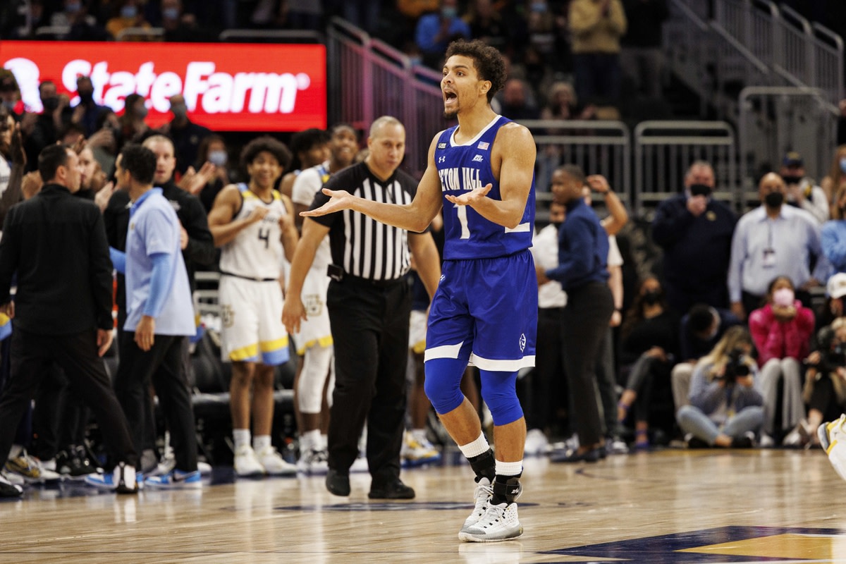 Seton Hall's Bryce Aiken stands on the court during a road game against the Marquette Golden Eagles.